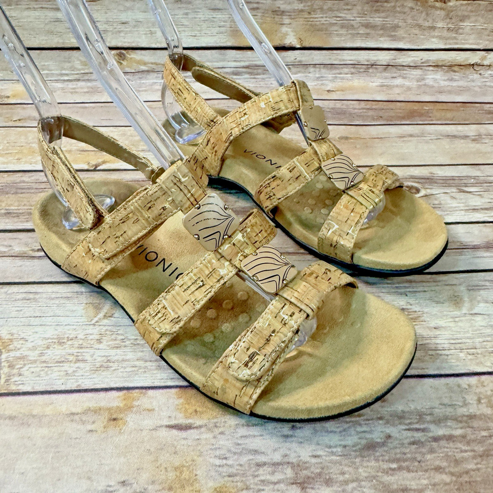 Vionic Womens Tan Cork Open Toe Strappy Amber Sandals 7 Casual Comfort Nature